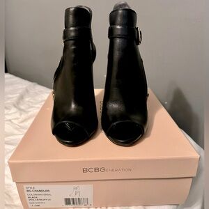 BCBG HEELED PEEP TOE BOOTIE WITH GOLD ACCENTS AND SIDE ZIPPER